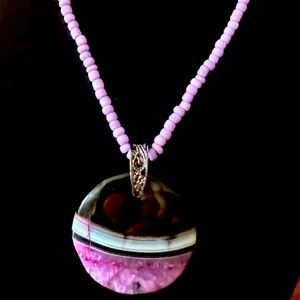 Purple & Black Druzy Geode Agate Round Pendant on Purple Beaded Boho Necklace